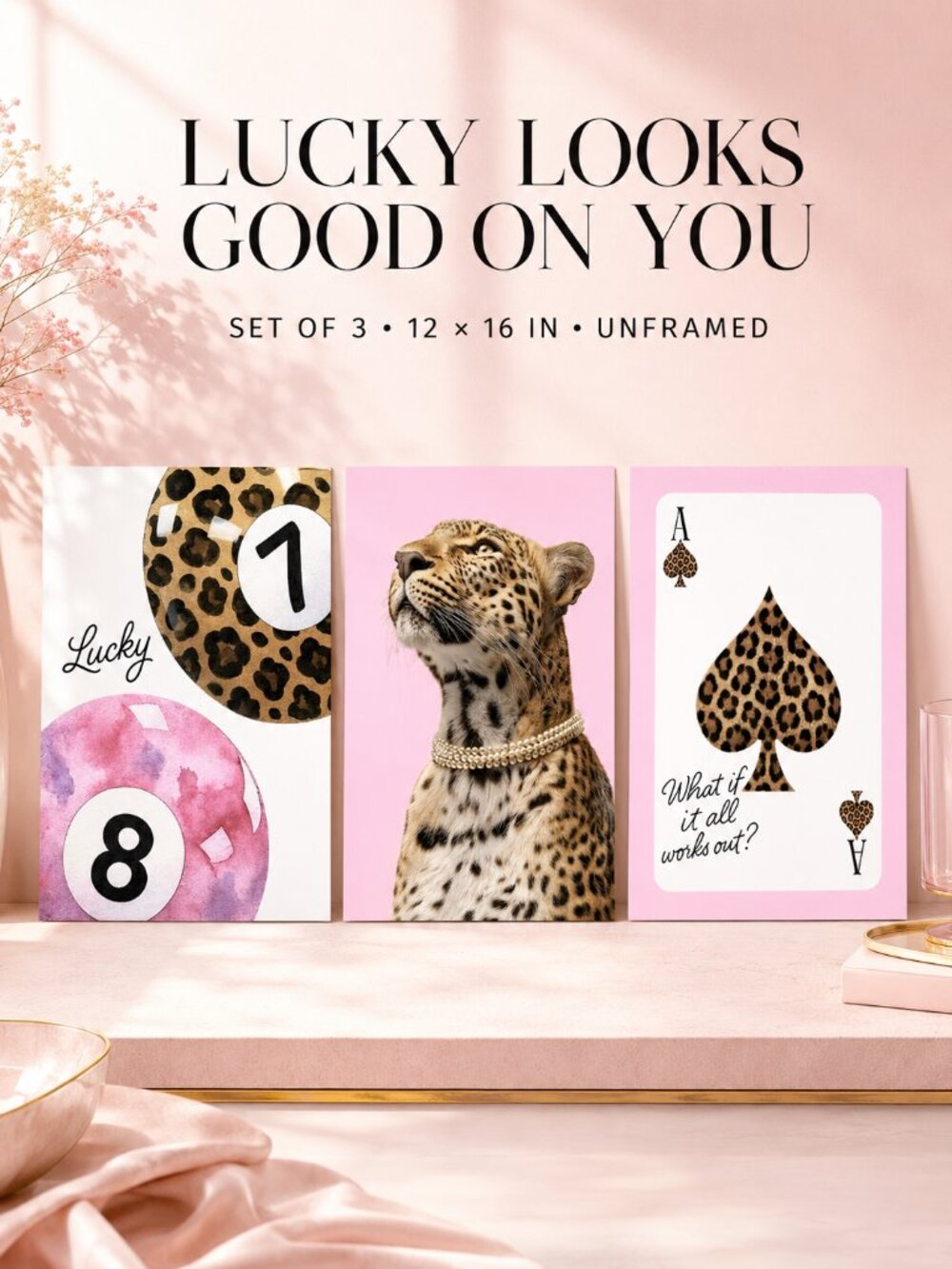 Pink Leopard Wall Art Set of 3 Lucky 8 Ball Ace Spade 12"x16"